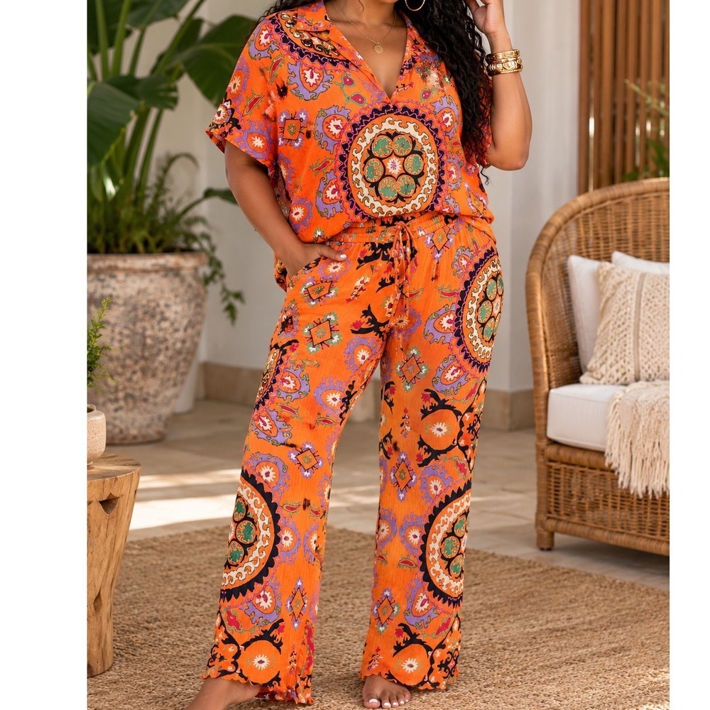 Gold & Silver Women 2 Piece Set Viscose Mandala Orange‎ T2 Bohemian Co-ord